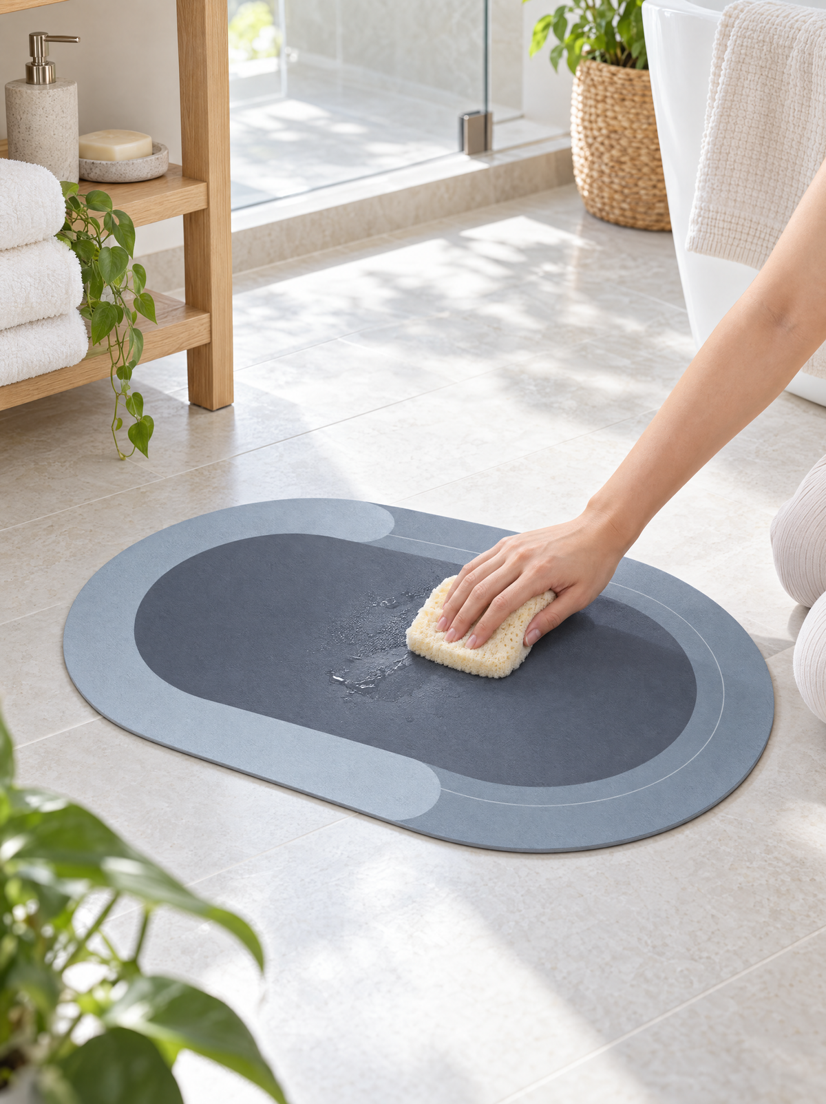 Wiping the bath mat clean with a damp sponge