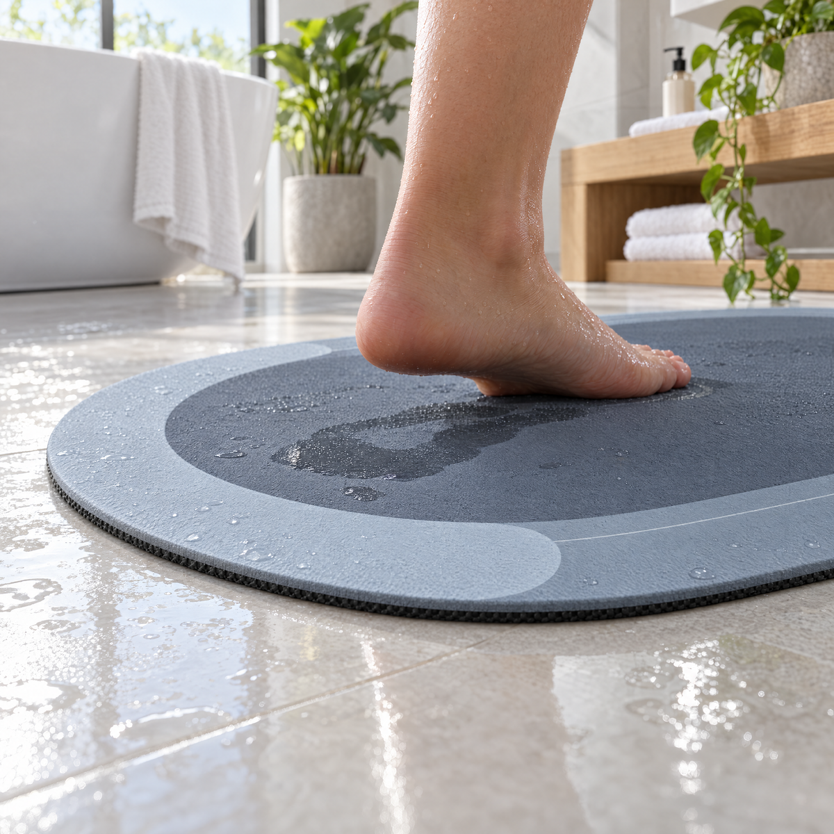 Non-slip base gripping a wet tile floor